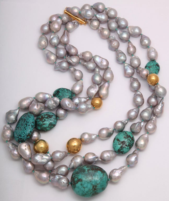 Women's Grey Pearl & Turquoise Necklace For Sale