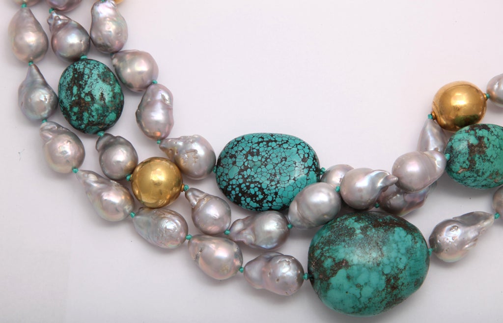 Grey Pearl & Turquoise Necklace For Sale 2
