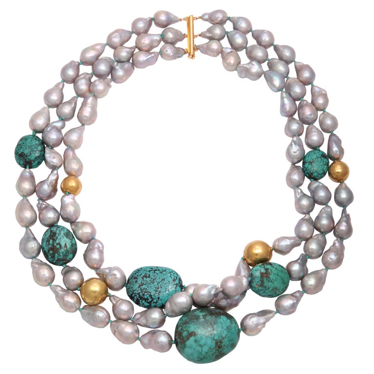 Grey Pearl & Turquoise Necklace For Sale
