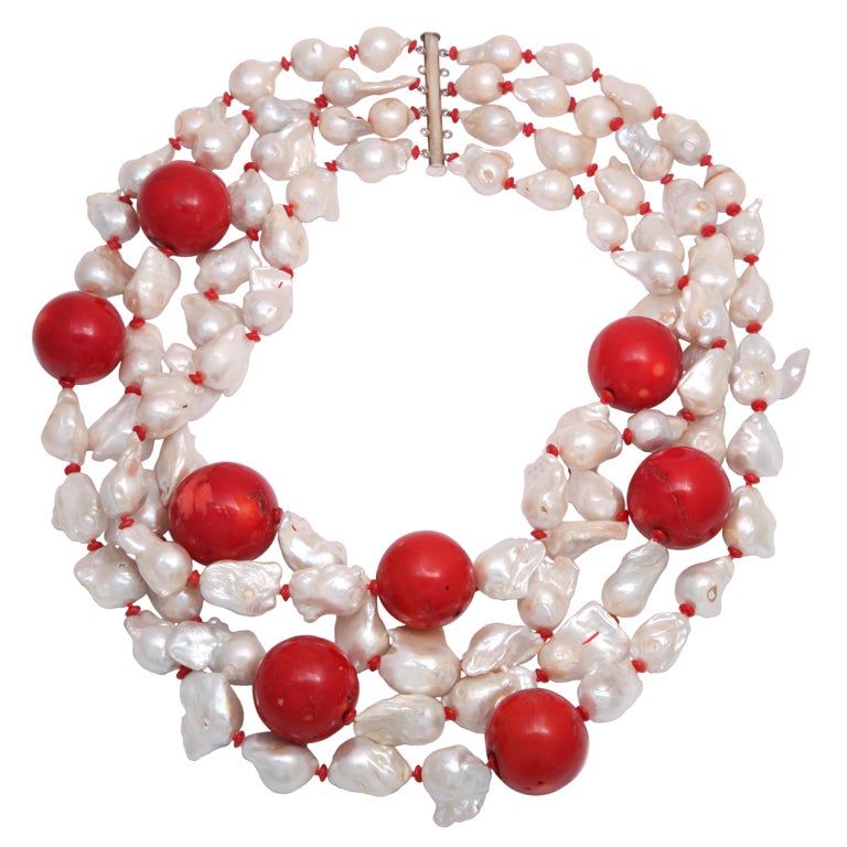 Pearl & Coral Necklace For Sale
