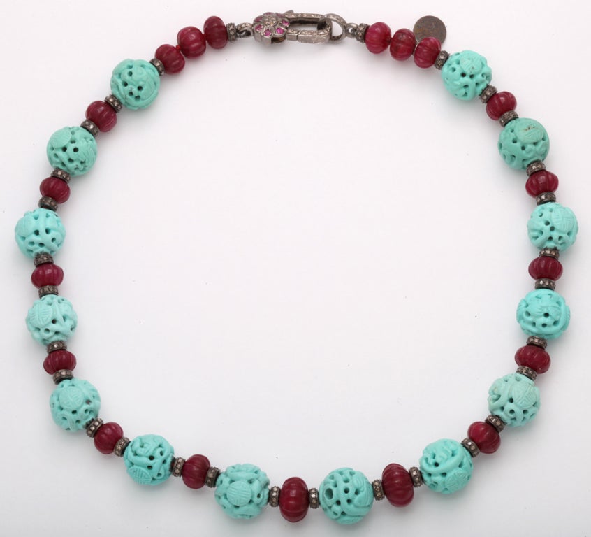 Carved Turquoise & Ruby Necklace