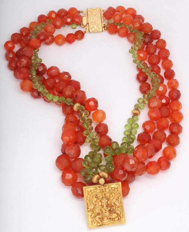 Women's Peridot Necklace with Gold Ganesh Pendant For Sale