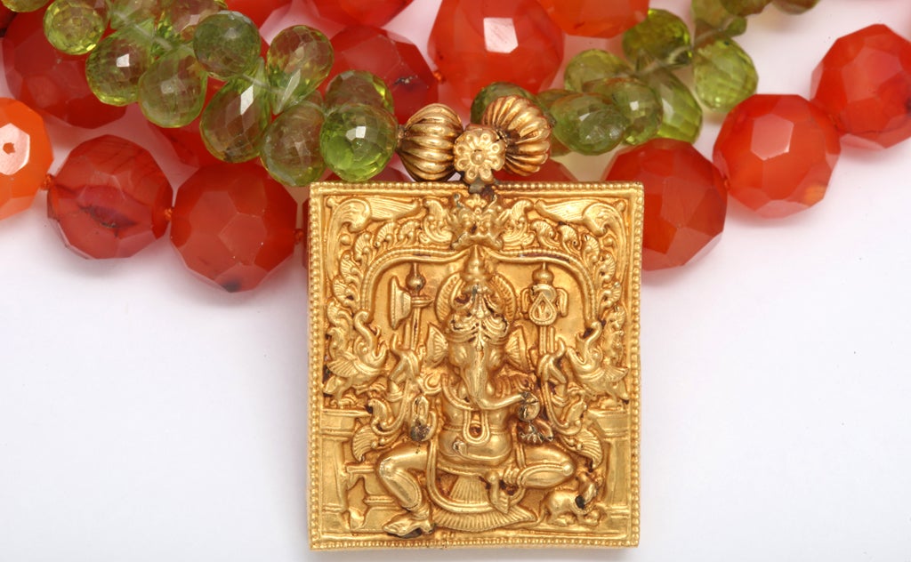 Peridot Necklace with Gold Ganesh Pendant For Sale 1