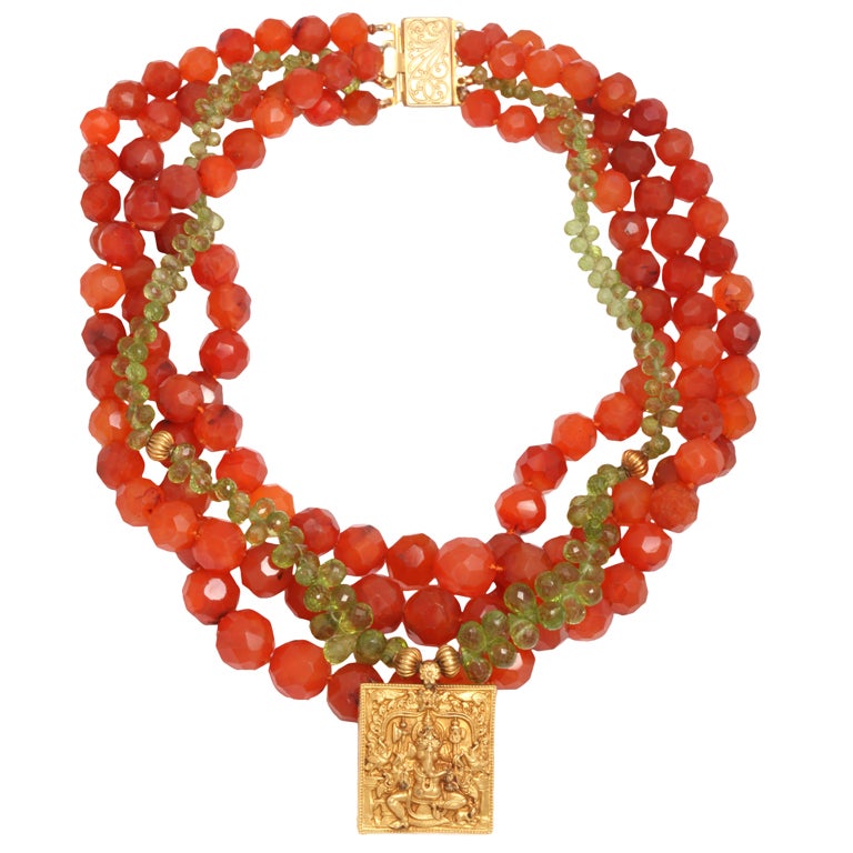 Peridot Necklace with Gold Ganesh Pendant For Sale