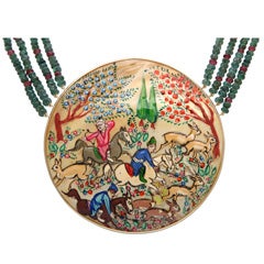 Emerald Necklace with Miniature Painting on Mother of Pearl