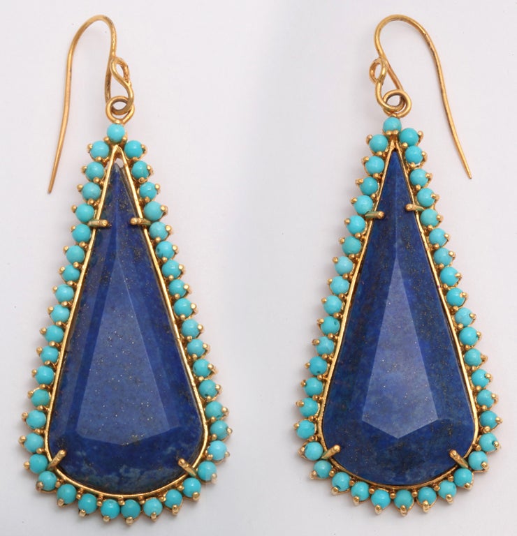 Lapis Lazuli Turquoise Beaded Edge Gold Earrings