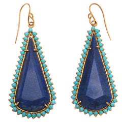 Lapis Lazuli Turquoise Beaded Edge Gold Earrings