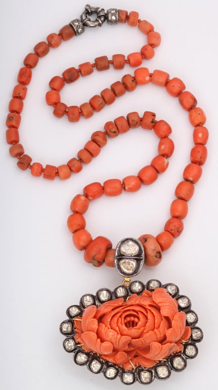 Women's Carved Coral & Diamond Necklace For Sale