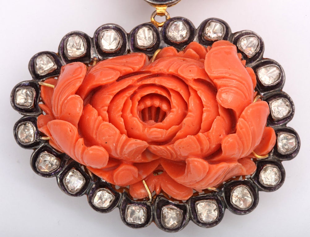 Carved Coral & Diamond Necklace For Sale 1