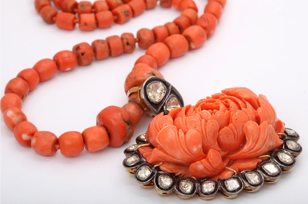 Carved Coral & Diamond Necklace For Sale 2