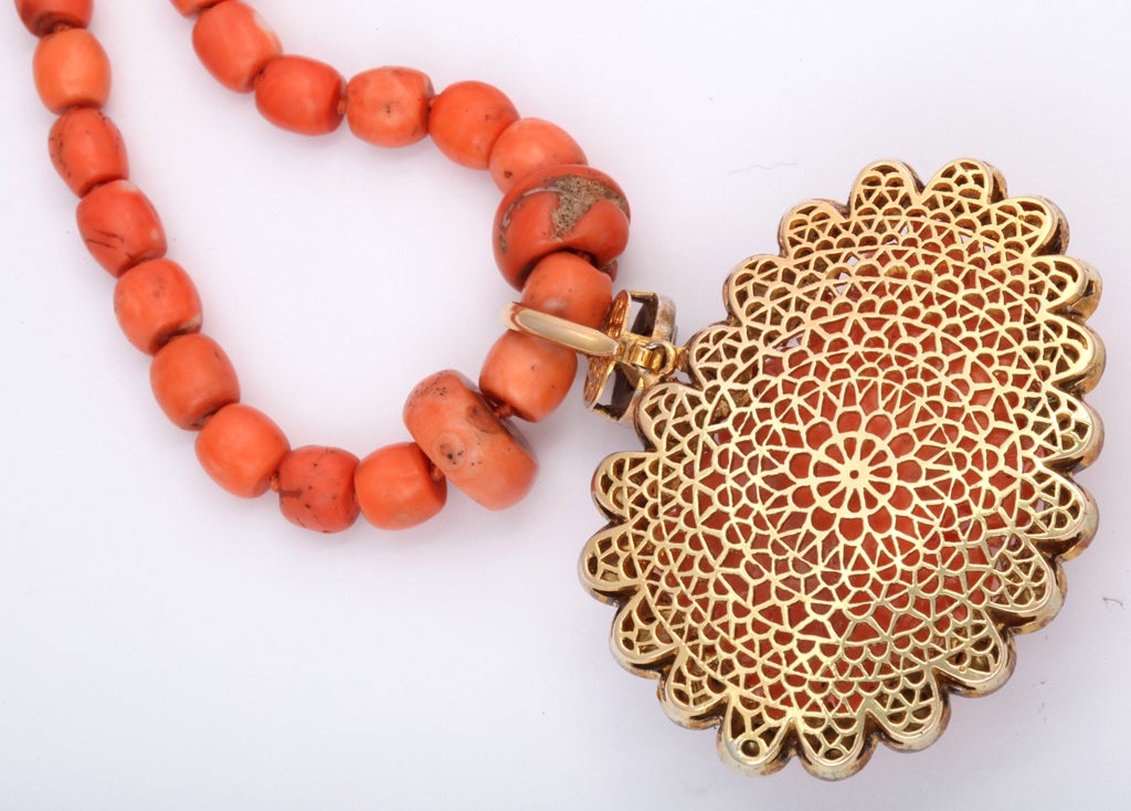 Carved Coral & Diamond Necklace For Sale 3