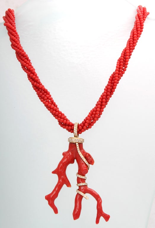 Coral Branch & Diamond Necklace For Sale 1