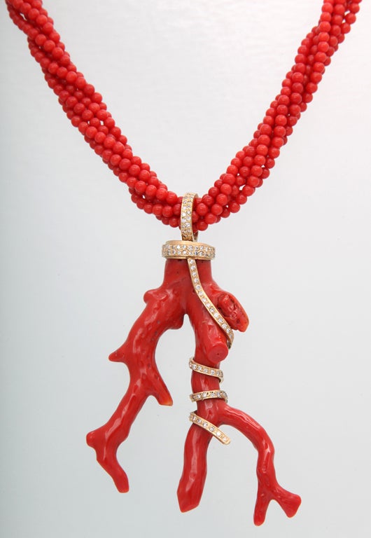 Coral Branch & Diamond Necklace For Sale 2