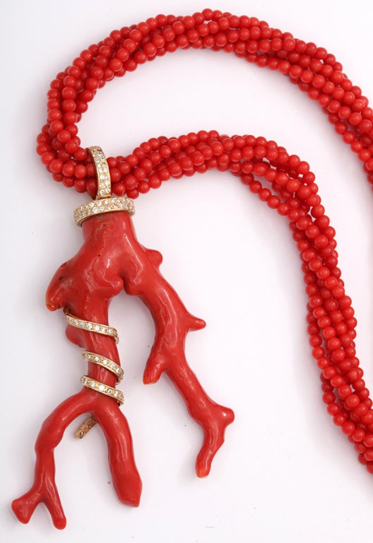 Coral Branch & Diamond Necklace For Sale 4