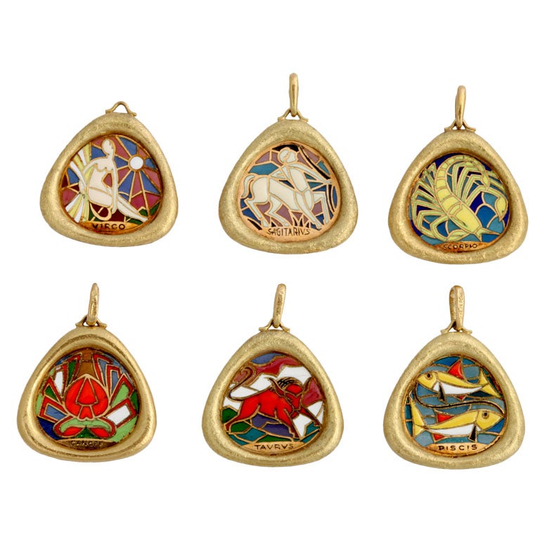 Translucent Enamel and Gold Zodiac Charms For Sale