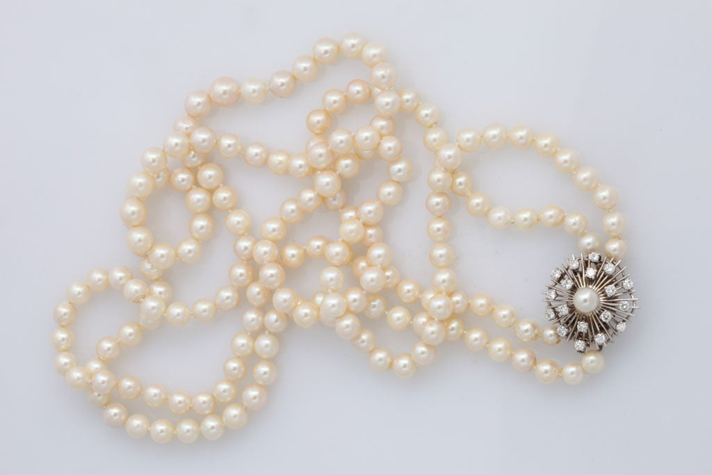 Women's Double Strand Pearl Necklace with Gold and Diamond Clasp For Sale