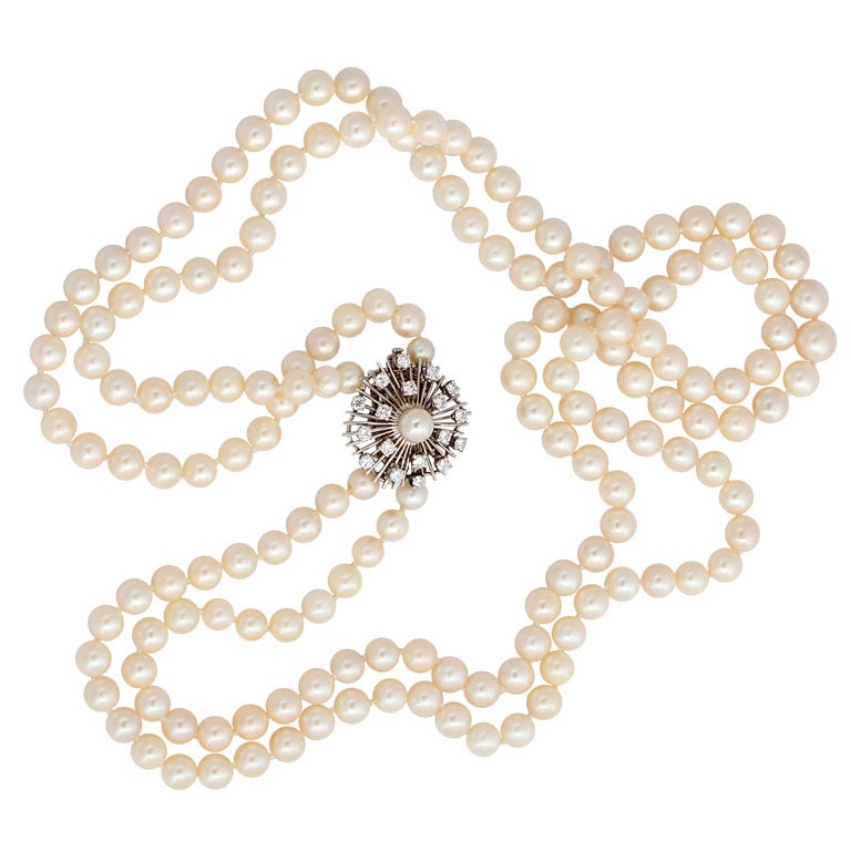 Double Strand Pearl Necklace with Gold and Diamond Clasp For Sale