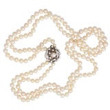 Vintage Double Strand Pearl Necklace with Gold and Diamond Clasp