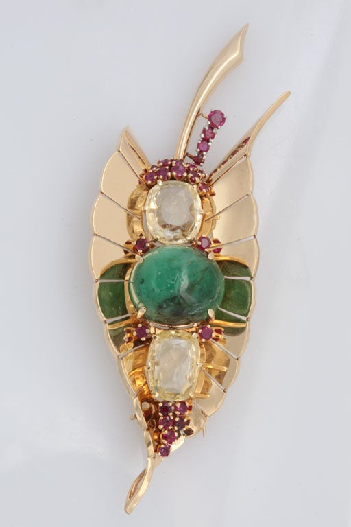 Multi-gem and Gold Leaf Brooch