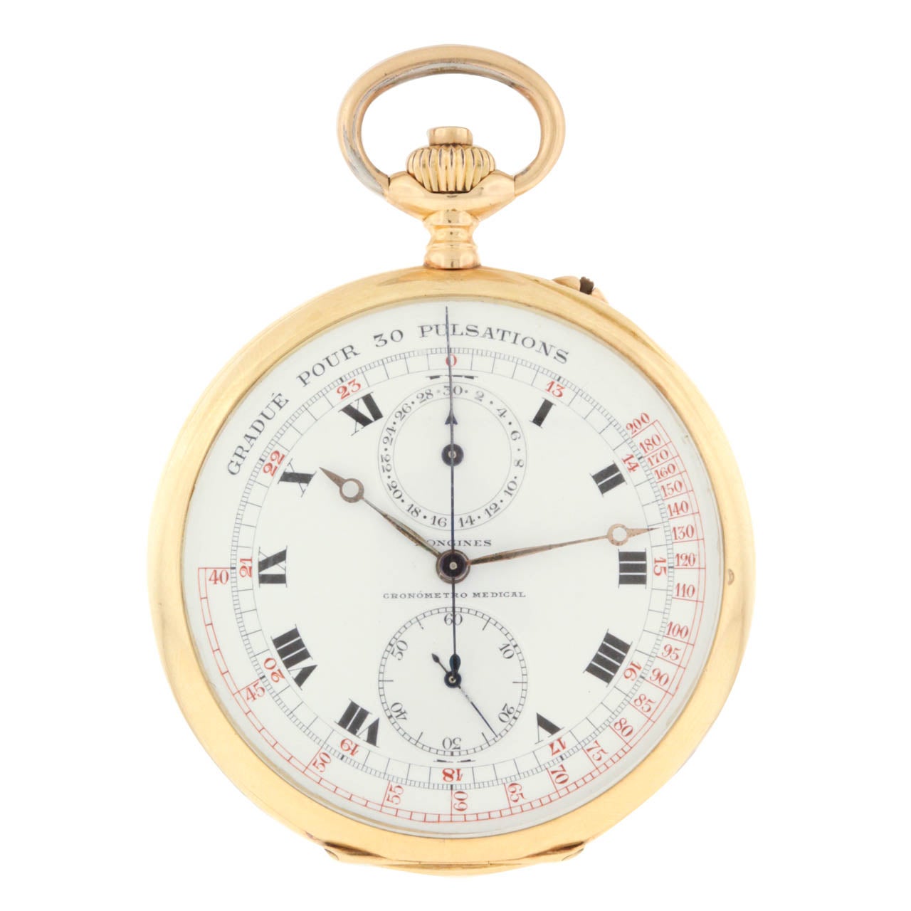 Longines Yellow Gold Open Face Chronograph Pocket Watch with Pulsations