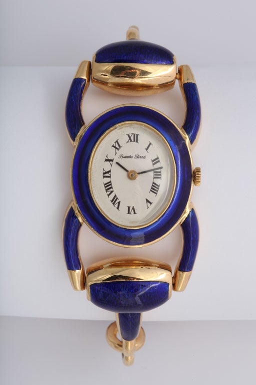 Bueche Girod Ladies Yellow Gold Enamel Stirrup Bracelet Quartz Wristwatch 1