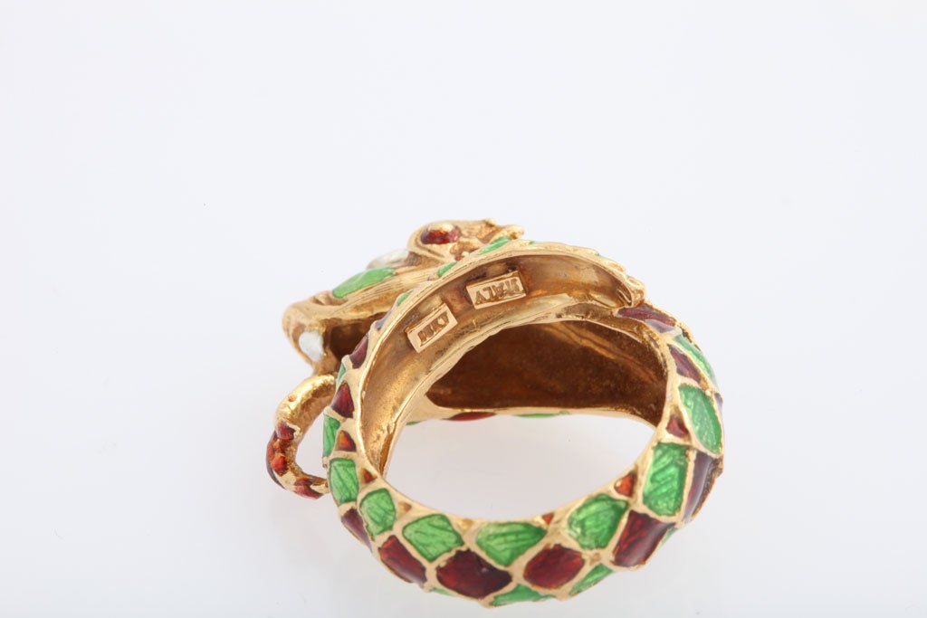 Italian Green and Red Enamel Snake Ring In Good Condition In Miami Beach, FL
