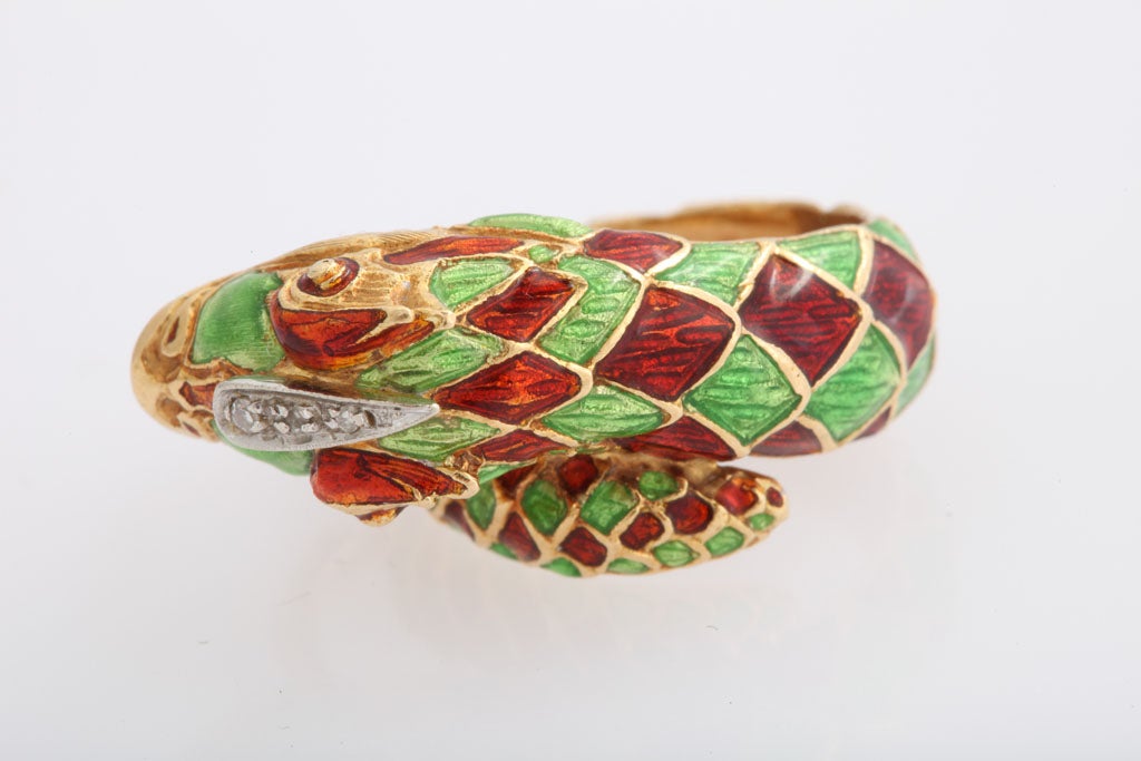 Women's Italian Green and Red Enamel Snake Ring