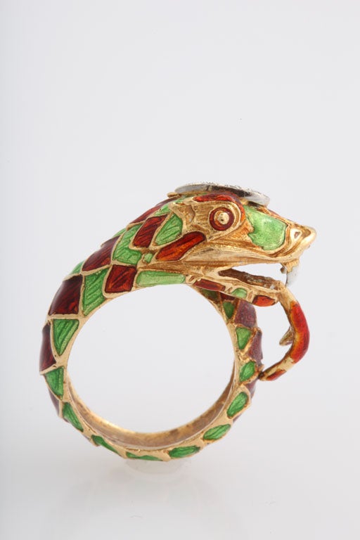 18k Enamel Snake with diamonds on it's head, a bit vicious - he has blood running down his tongue. 
Approximate depth on top of finger is .50

Size 5 US