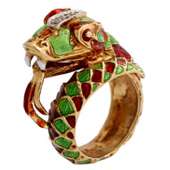 Italian Green and Red Enamel Snake Ring
