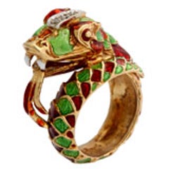 Italian Green & Red Enamel Snake Ring 9