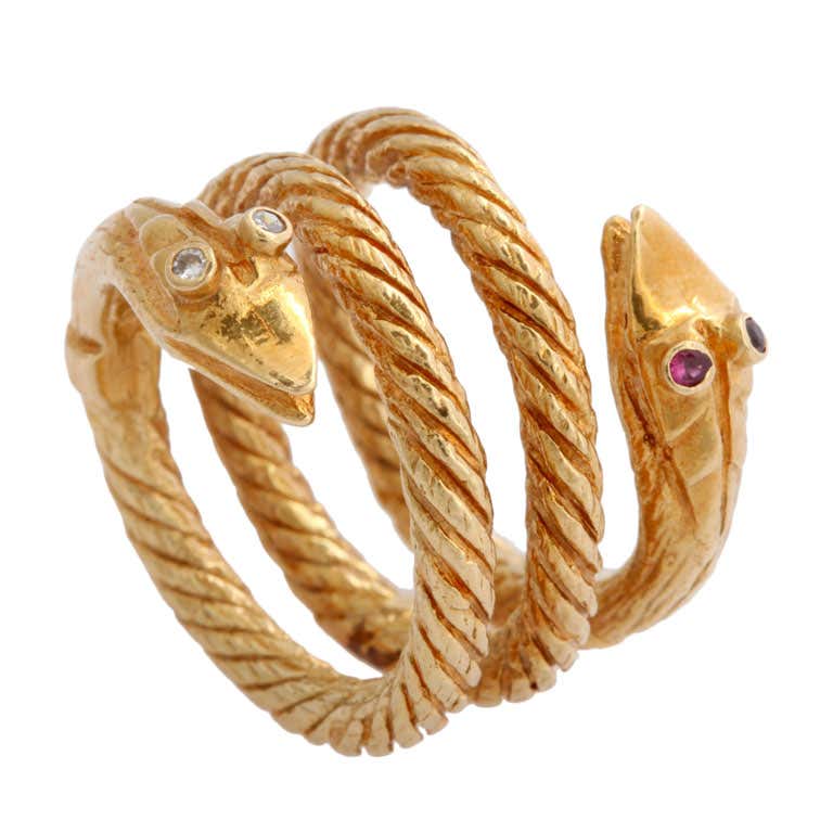Two Snake Rings Wide Coiled Snake Ring with Two Heads at 1stDibs