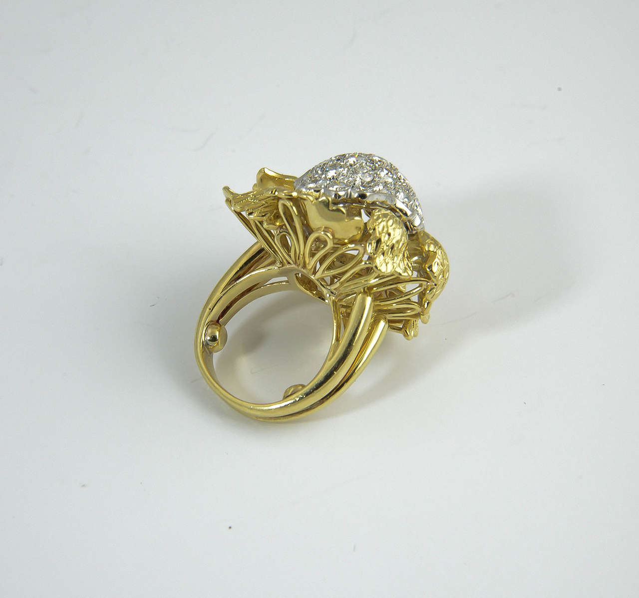 Women's 1960s Large Flower Diamond Gold Statement Ring For Sale