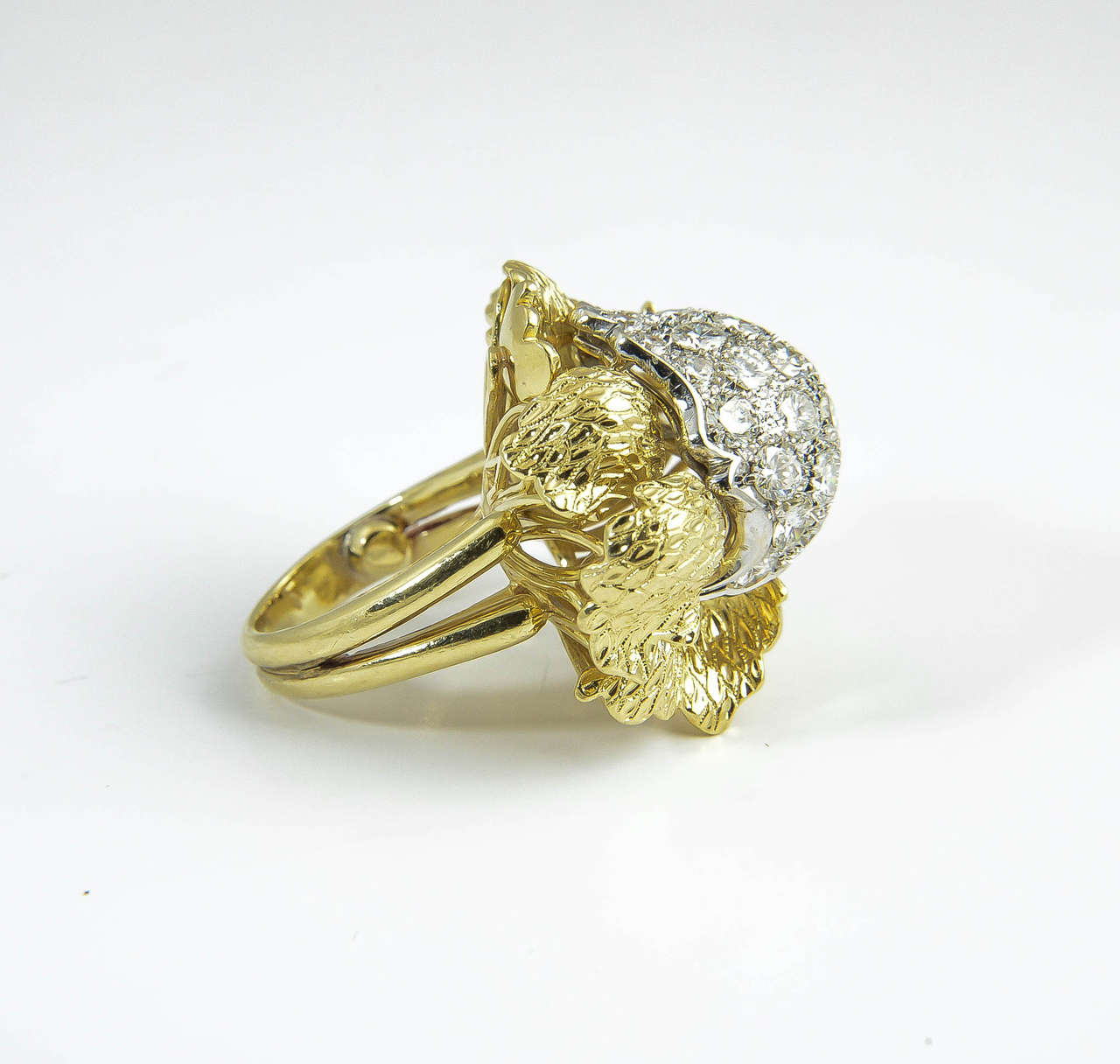 1960s Large Flower Diamond Gold Statement Ring For Sale 1