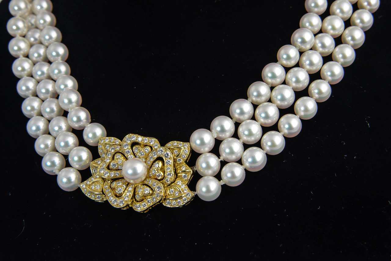 Women's Mikimoto Triple Strand Pearl Necklace with Diamond Flower