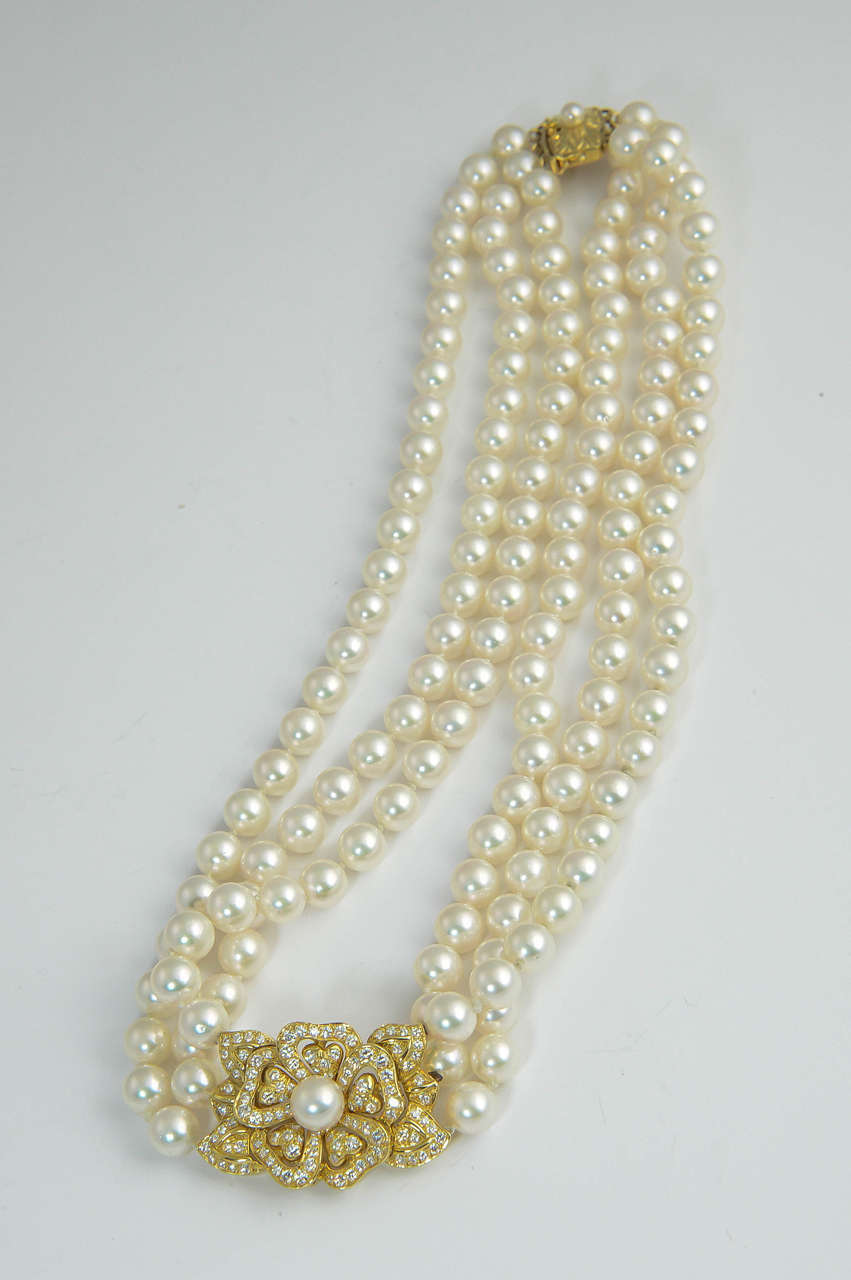 Mikimoto Triple Strand Pearl Necklace with Diamond Flower 1