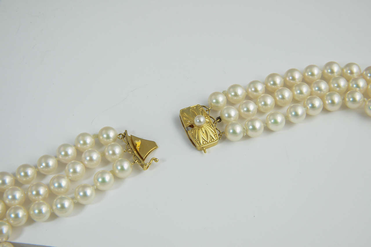 Mikimoto Triple Strand Pearl Necklace with Diamond Flower 2