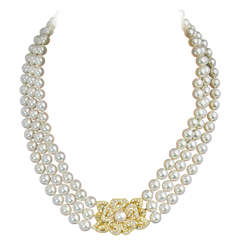 Vintage Mikimoto Triple Strand Pearl Necklace with Diamond Flower