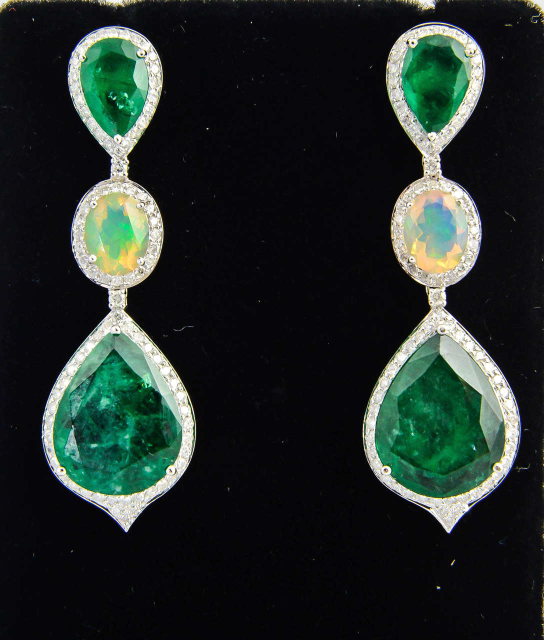 Women's Red Carpet Style Long Emerald Opal Diamond Gold Earrings For Sale