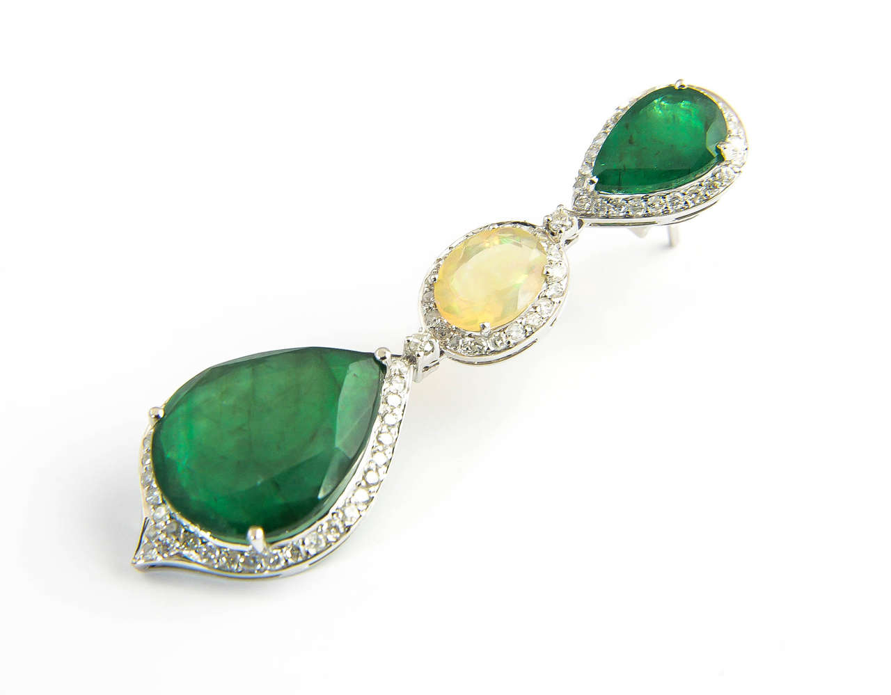 Red Carpet Style Long Emerald Opal Diamond Gold Earrings For Sale 1