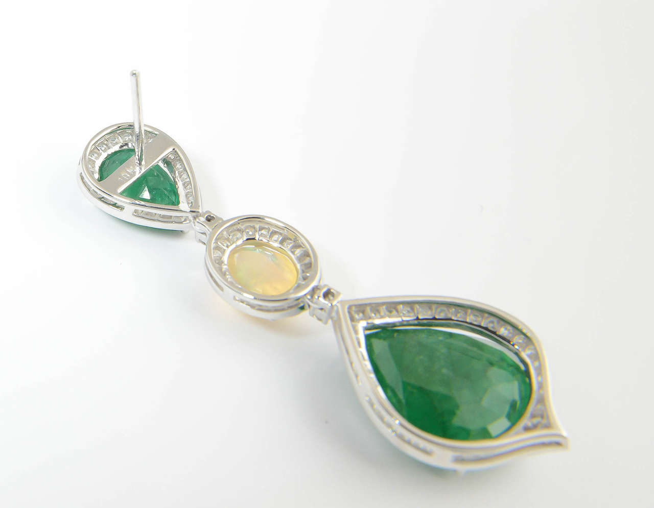 Red Carpet Style Long Emerald Opal Diamond Gold Earrings For Sale 2