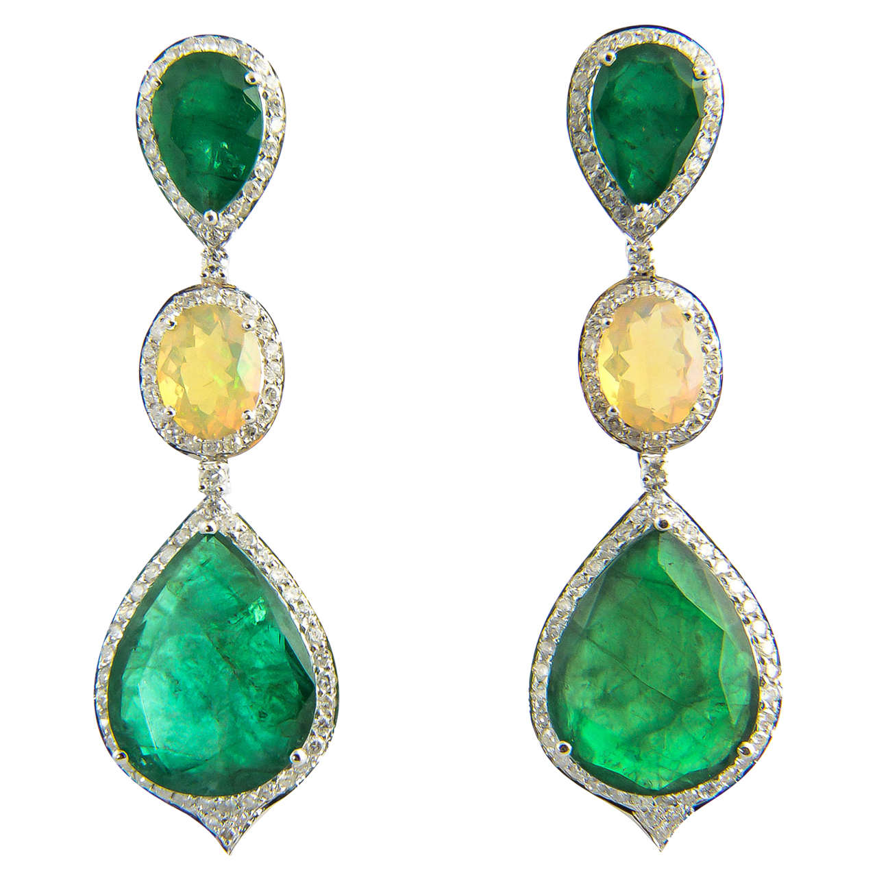 Red Carpet Style Long Emerald Opal Diamond Gold Earrings For Sale