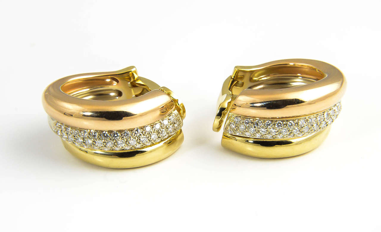 Women's 1970's Cartier Diamond and Tri- Color Gold Hoop Earrings