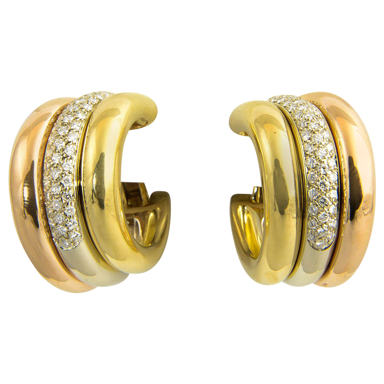 1970's Cartier Diamond and Tri- Color Gold Hoop Earrings