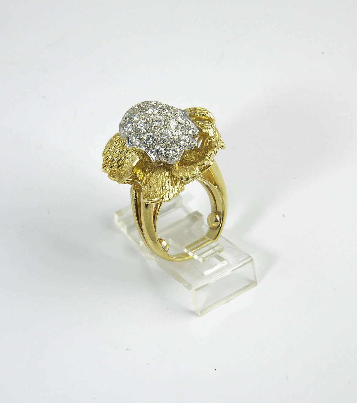 1960s Large Flower Diamond Gold Statement Ring For Sale at 1stDibs