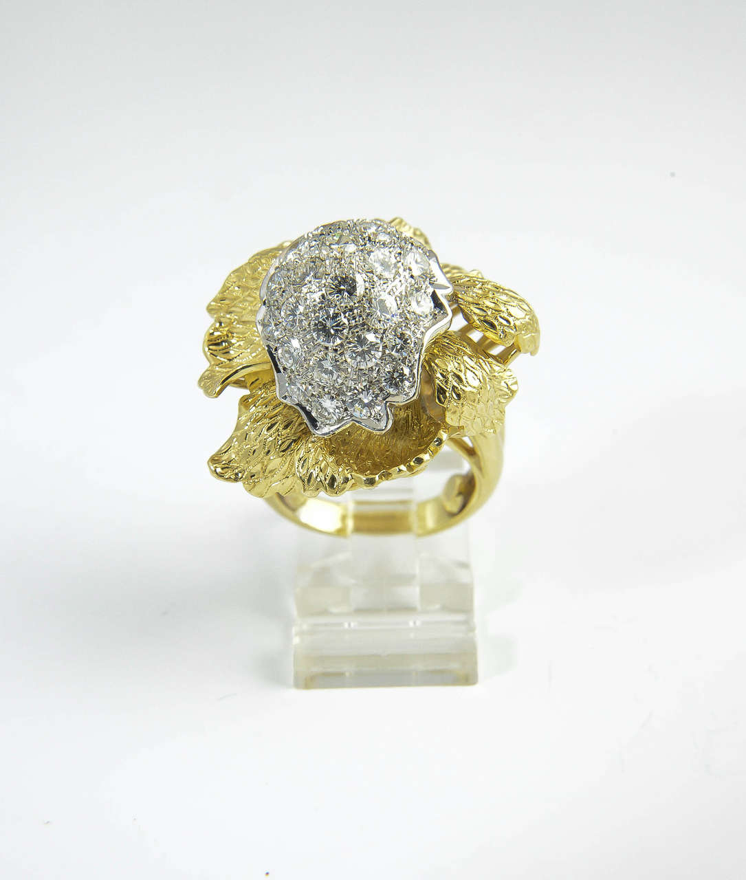 1960s Large Flower Diamond Gold Statement Ring For Sale at 1stDibs