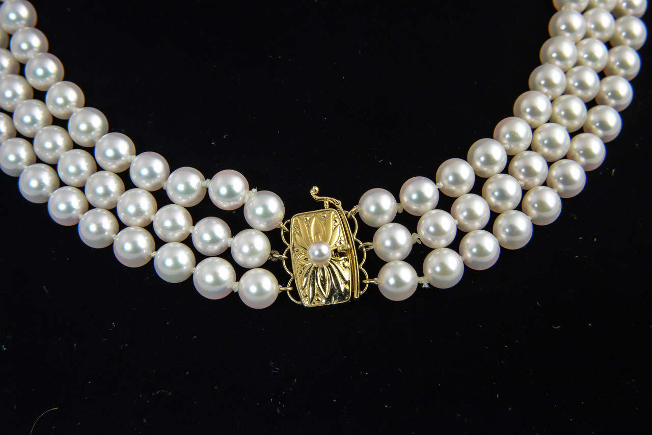 Mikimoto Triple Strand Pearl Necklace with Diamond Flower at 1stDibs