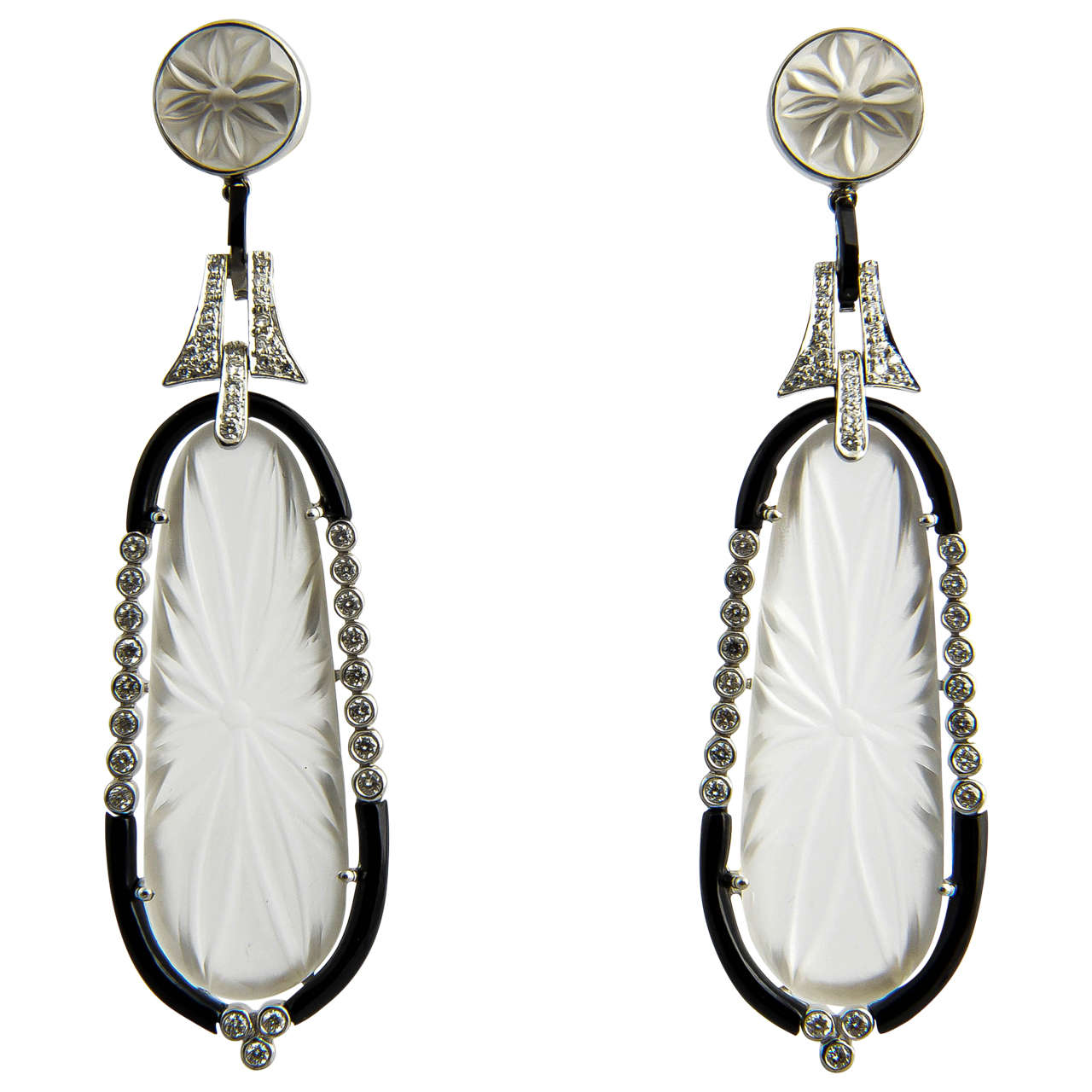 Carved Rock Crystal Onyx Diamond Gold Dangle Earrings at 1stDibs