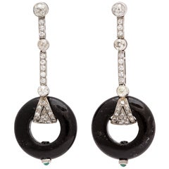ART DECO  Platinum Onyx Diamond Circle Platinum Drop earrings