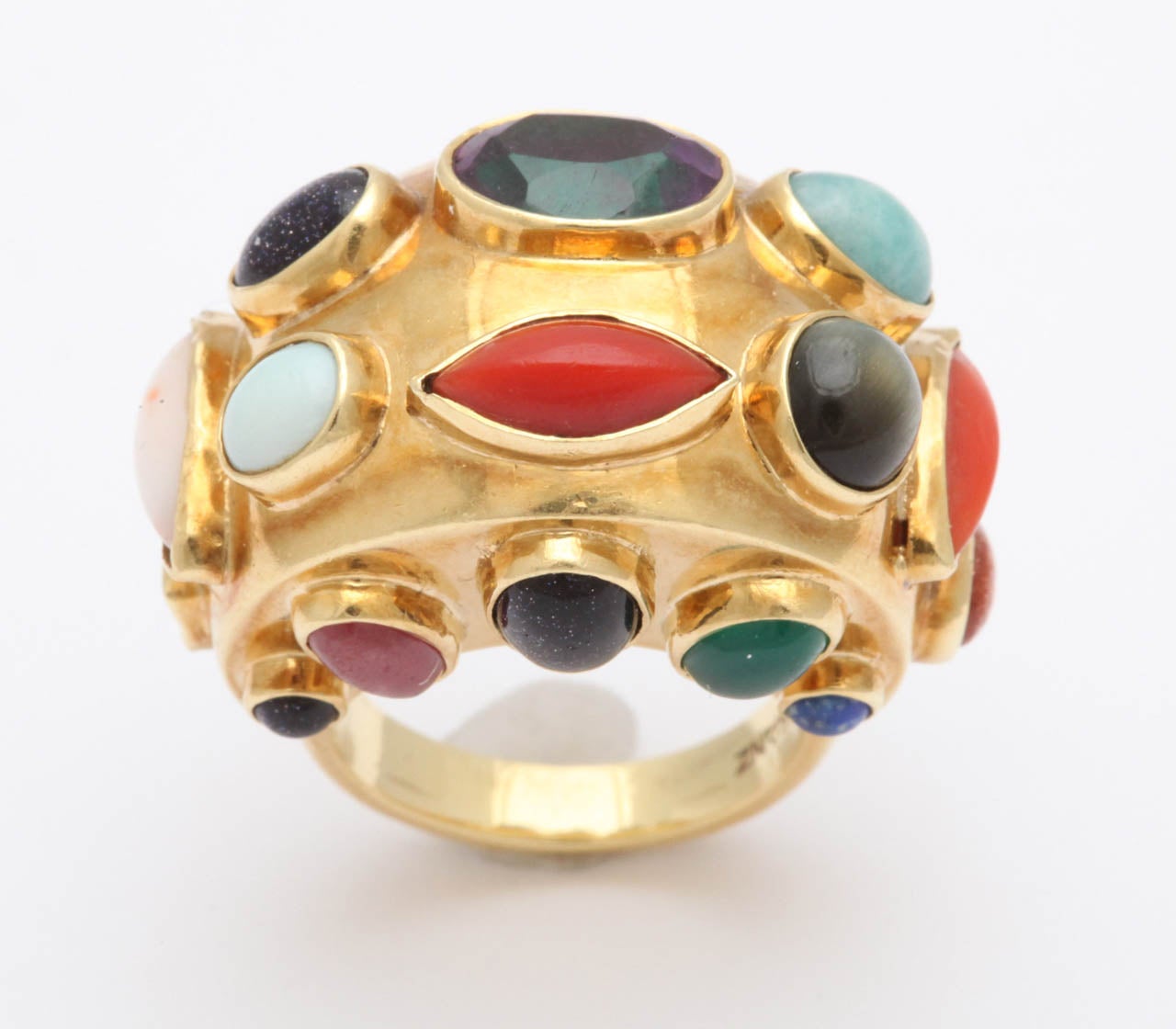 18kt yellow gold multicolored stone ring comprised of coral, turquoise ,amethyst,goldstone and green onyx semi precious stones made in spain deigned by SAENZ