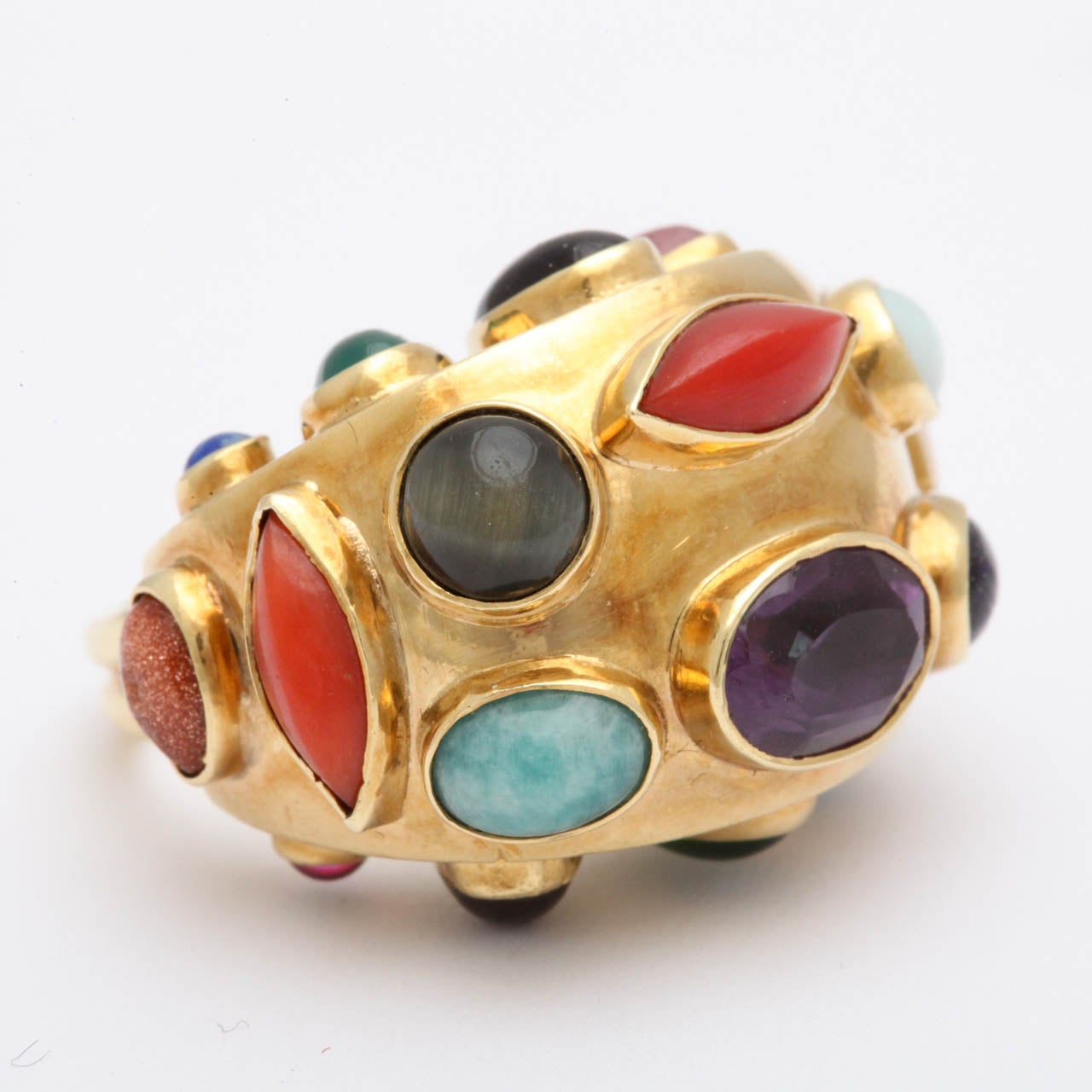Women's 1960's SAENZ Multicolored Stone Gold Cocktail Bombe Style Ring